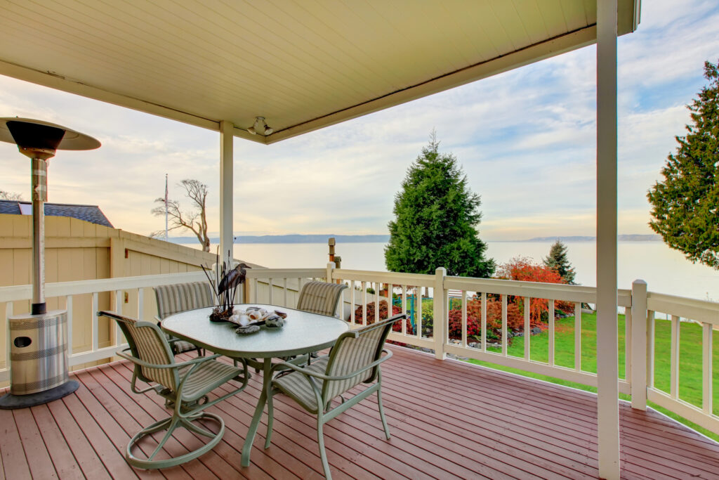 Awesome water view from the wooden deck with patio table